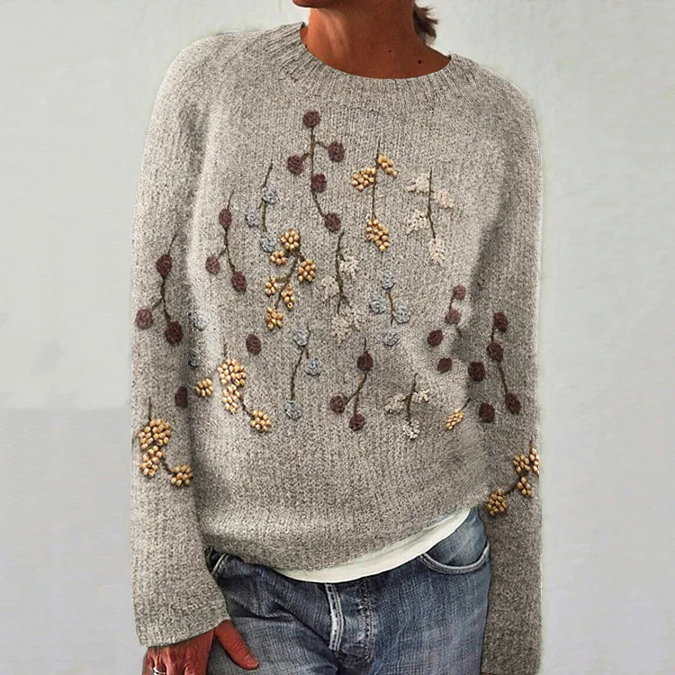 Comstylish Vintage Floral Round Neck Warm Comfy Sweater