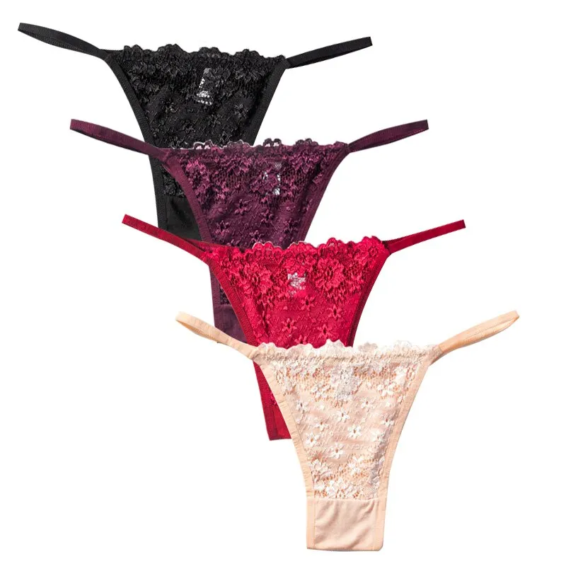 4Pcs Cotton Thongs Women Sexy G-string Panties Girl Underpants Low-rise Lace T-back Underwear Female Lingerie
