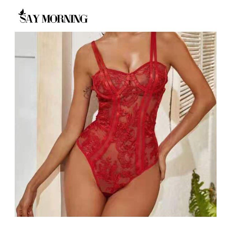 SAY MORNING Embroidered Hollow Sexy Women's Patchwork Bodysuit Underwear Set Lace Perspective One-Piece Erotic Lingerie
