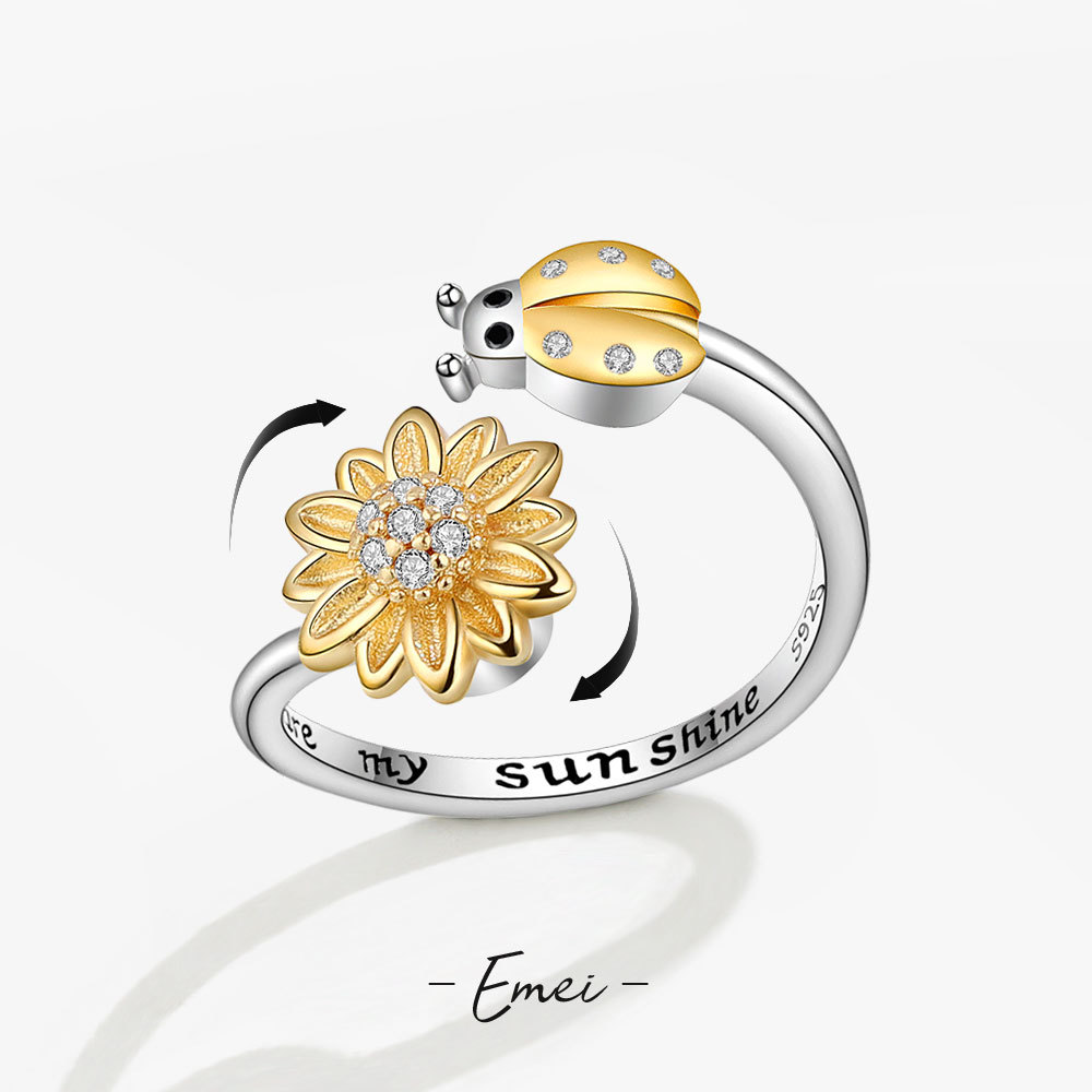Engraved Ring 'You Are My Sunshine' Sunflower Rotating Beetle Ring