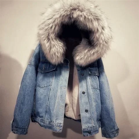 Wongn Wongn Coat Cotton-Padded Clothes 2024 Winter Velvet New Cotton-Padded Clothes Loose Korean Version Of Cowboy Fur Collar Thick Coat Women