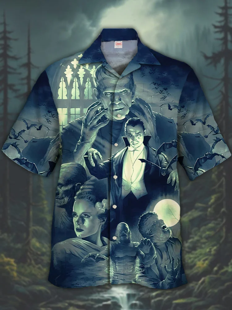 Eye-Catching Horror Characters And Bats Printing Cuban Collar Hawaiian Short Sleeve Shirt BestDVibe