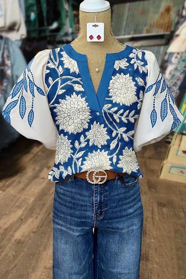 Vintage Floral Print Puff Sleeve Blouse