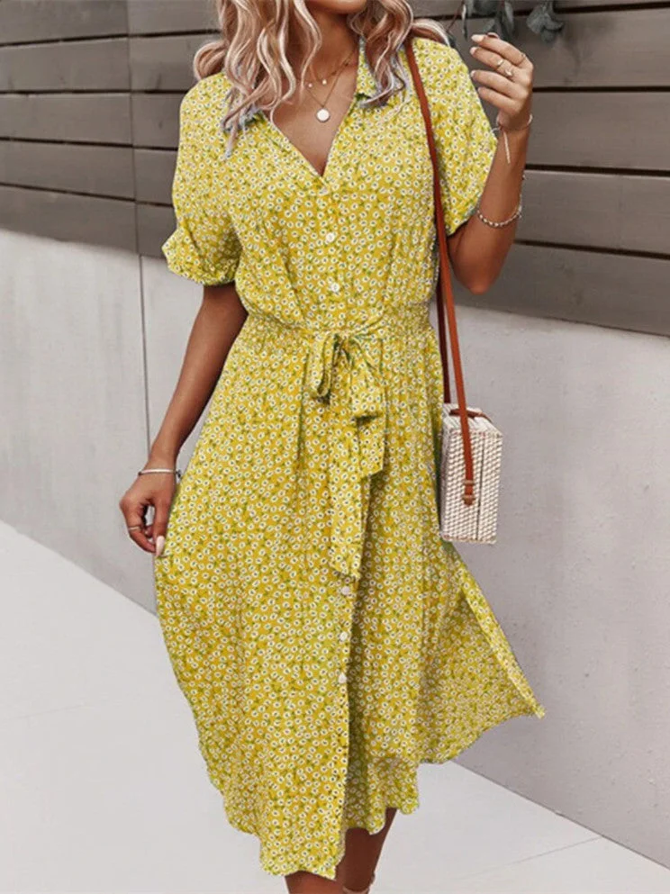 Women's Summer Short Sleeve V Neck Button Tie Floral Loose Fashion Dress
