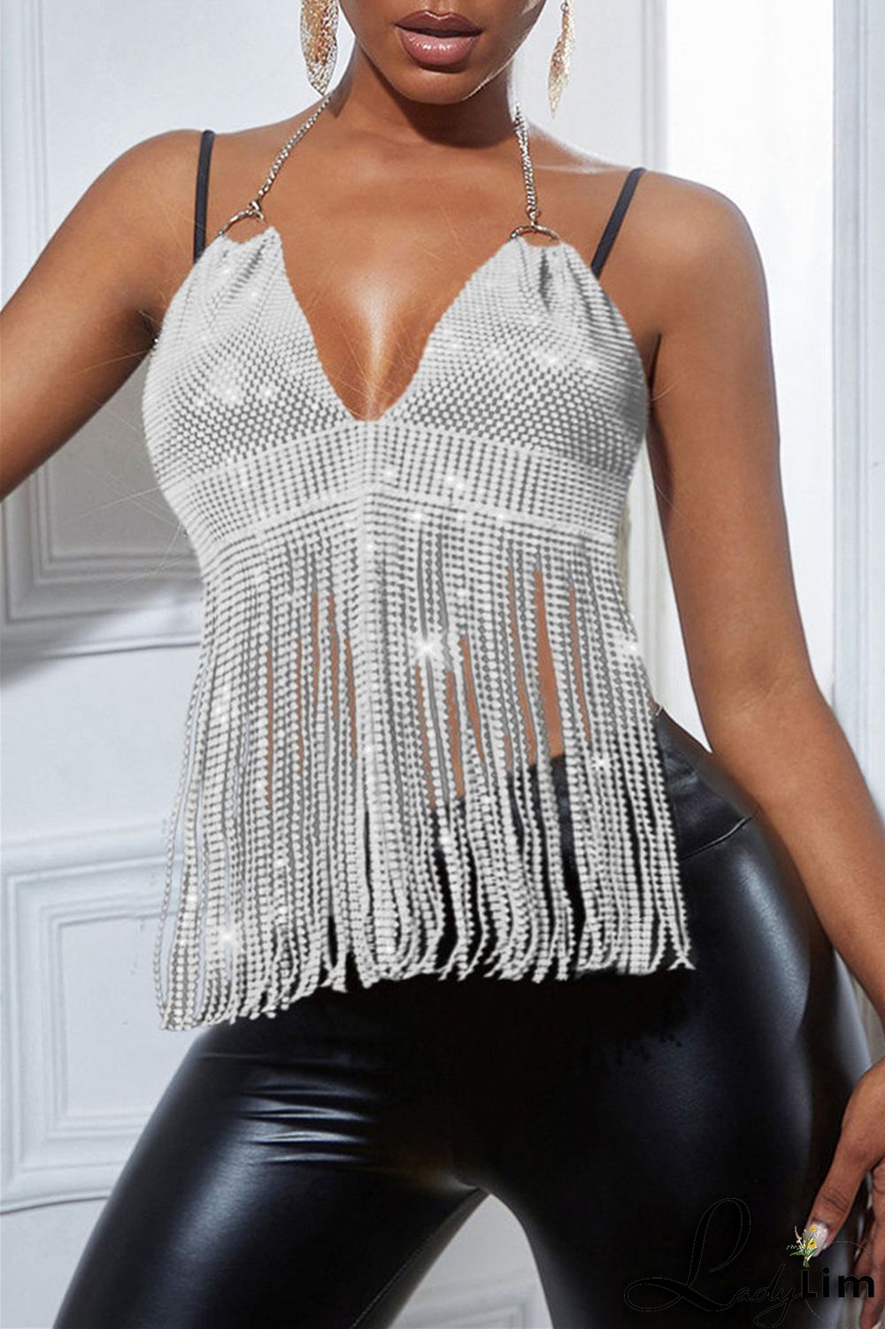 Pink Fashion Sexy Patchwork Tassel Backless Halter Tops