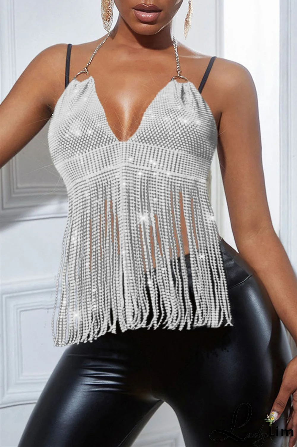 Pink Fashion Sexy Patchwork Tassel Backless Halter Tops