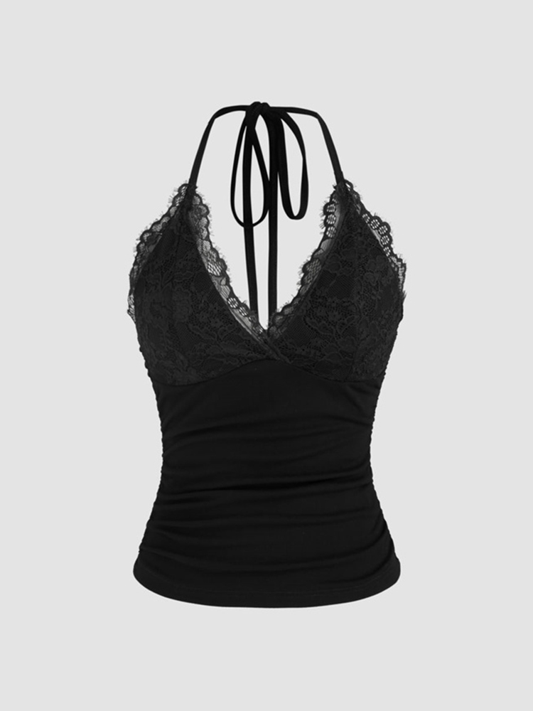 Women's Goth Grunge Lace V-neck Halter Top Summer Sexy Black Ruched Pleated Backless Crop Top Cami Tops Streetwear Y2K Clothes