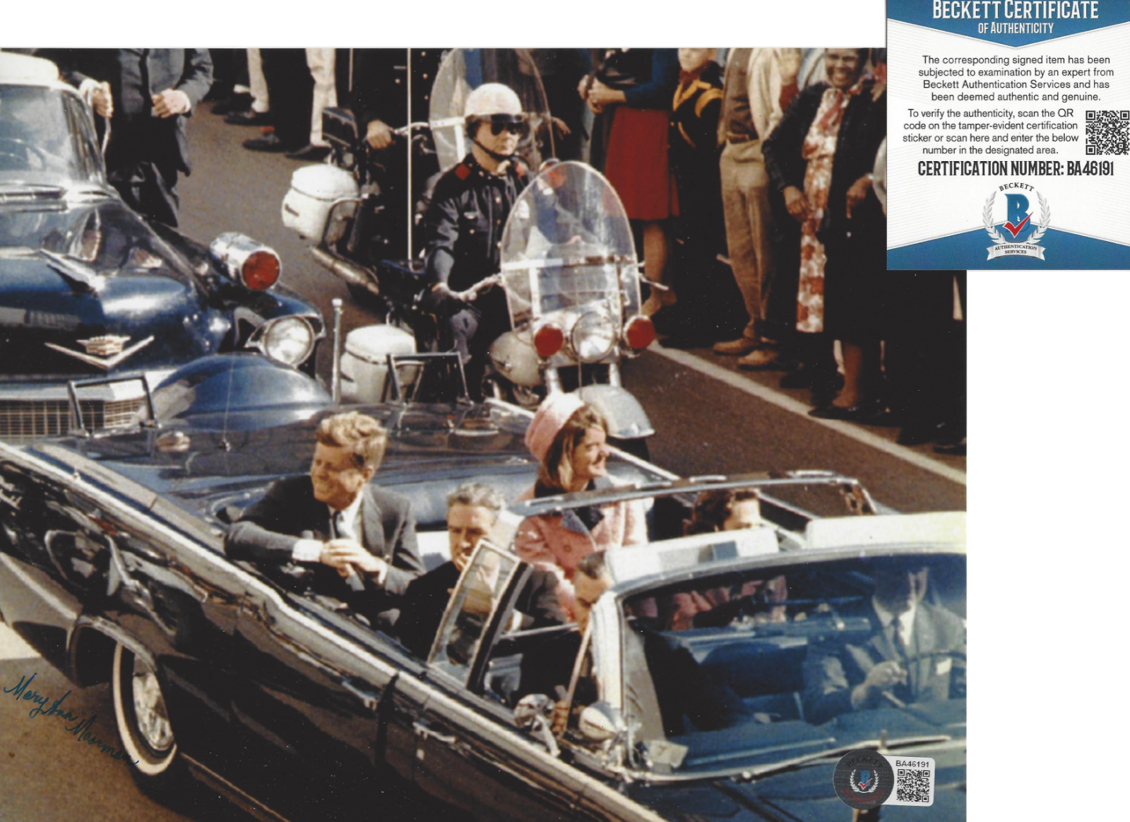 MARY ANN MOORMAN JFK ASSASSINATION WITNESS SIGNED 8x10 Photo Poster painting E BECKETT COA BAS