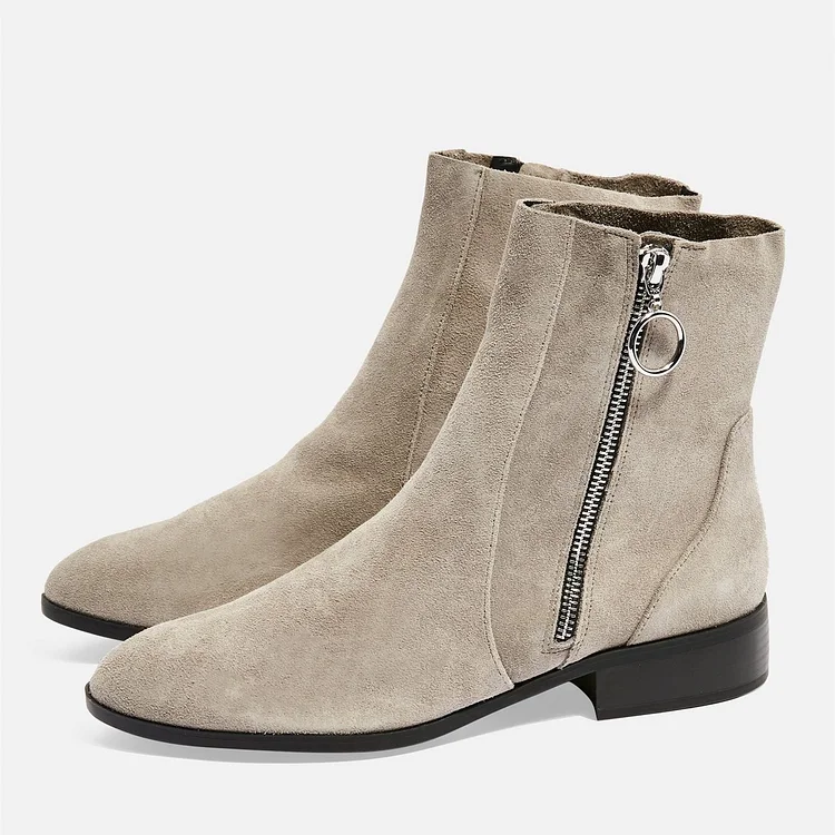 Taupe Boots Vegan Suede Side Zipper Flat Ankle Boots |FSJ Shoes