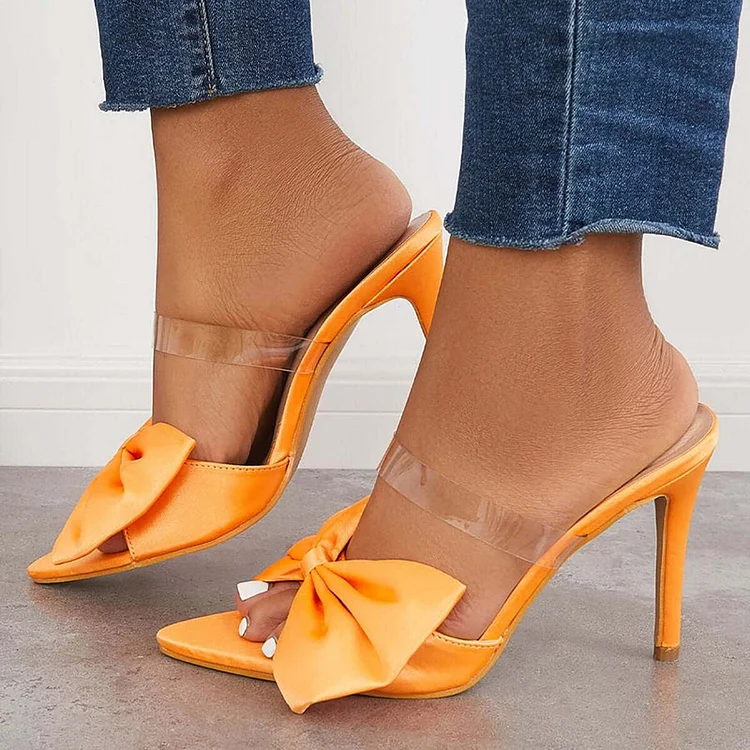 Orange Satin Pointed Toe Stiletto Heeled Mules with Oversized Bow |FSJ Shoes