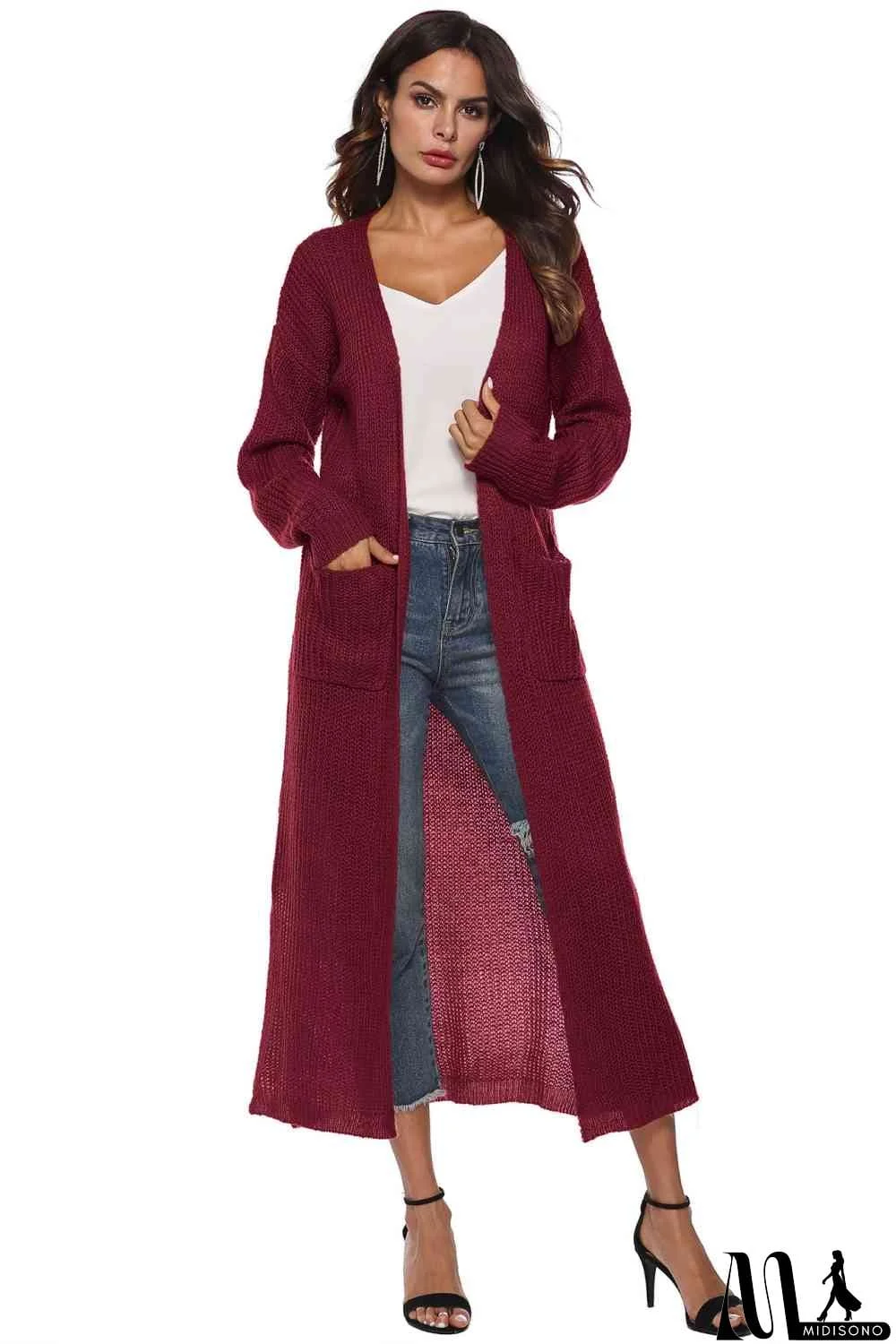 MidiSono - Long Sleeve Open Front Buttoned Cardigan