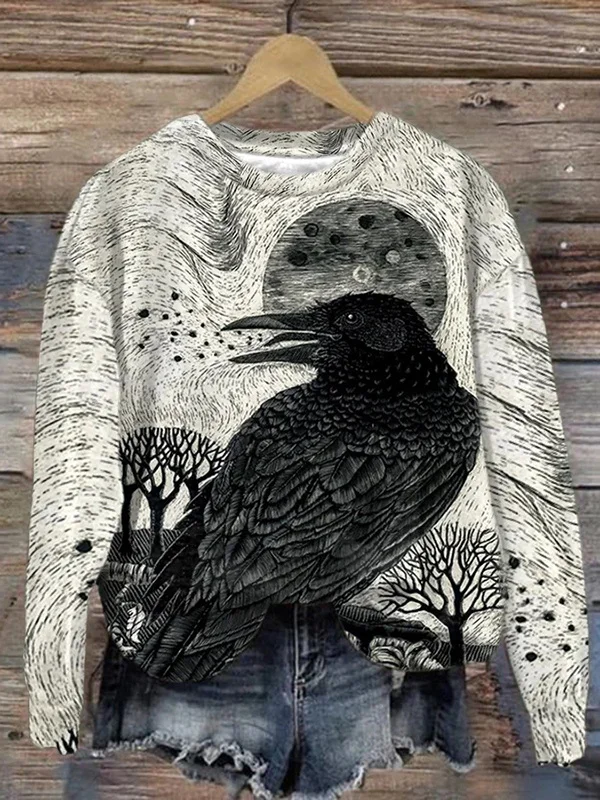 Halloween Raven Pattern Art Print Casual Retro Sweatshirt