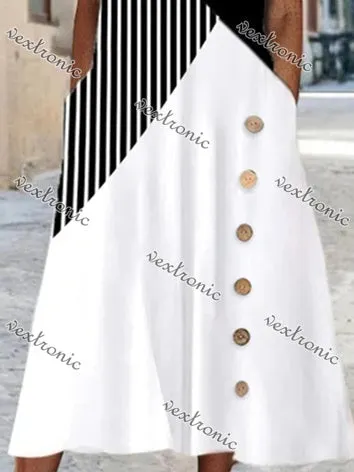Women's V-Neck Short Sleeve Graphic Striped Midi Dress