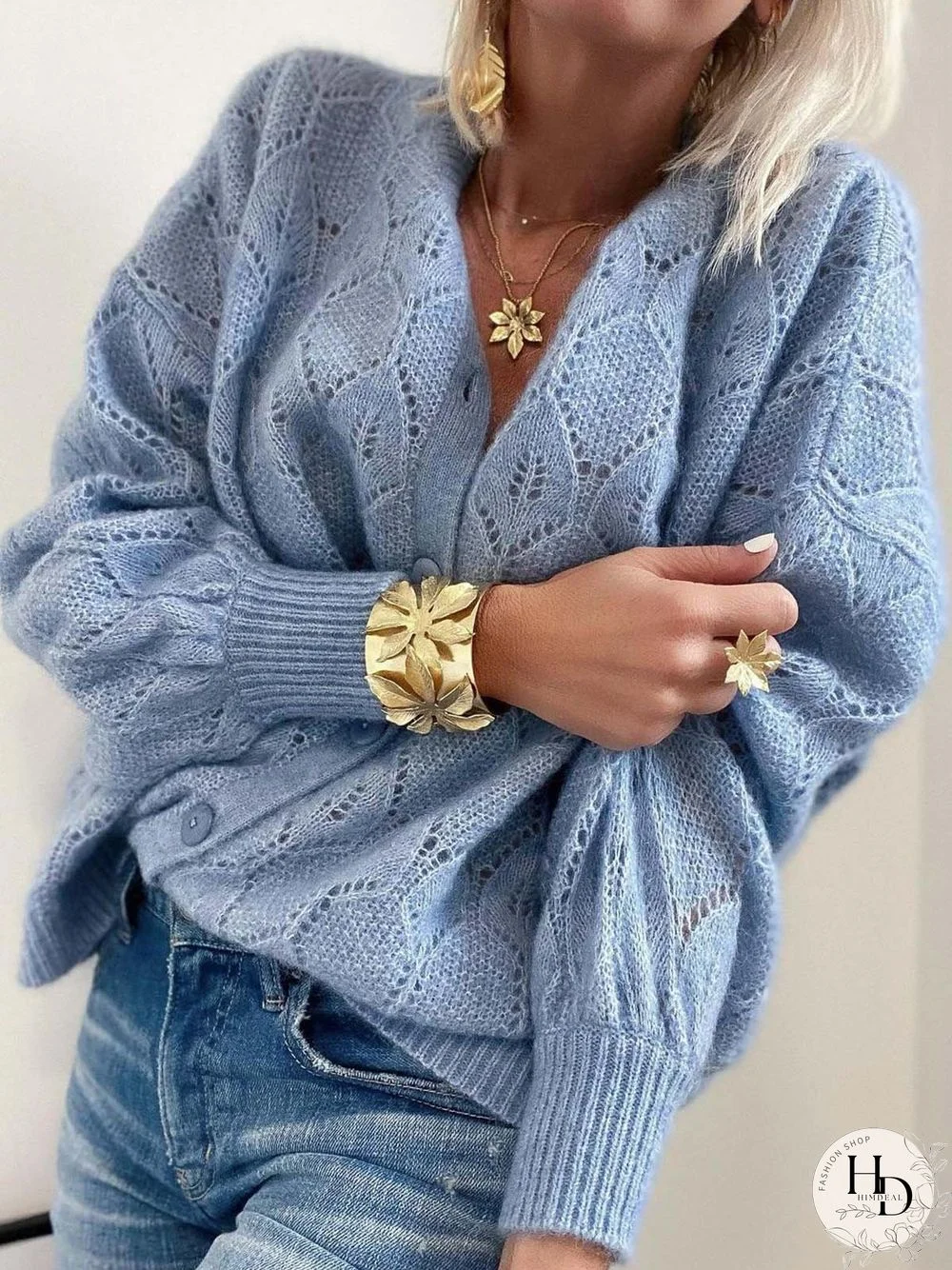 Women Vintage Winter V neck Long sleeve Cotton-Blend Sweater