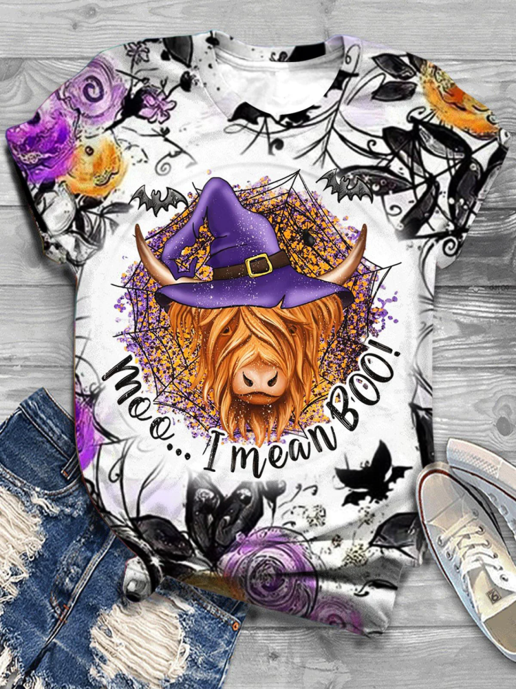 Women's Halloween Highland Cow Print Crewneck Top