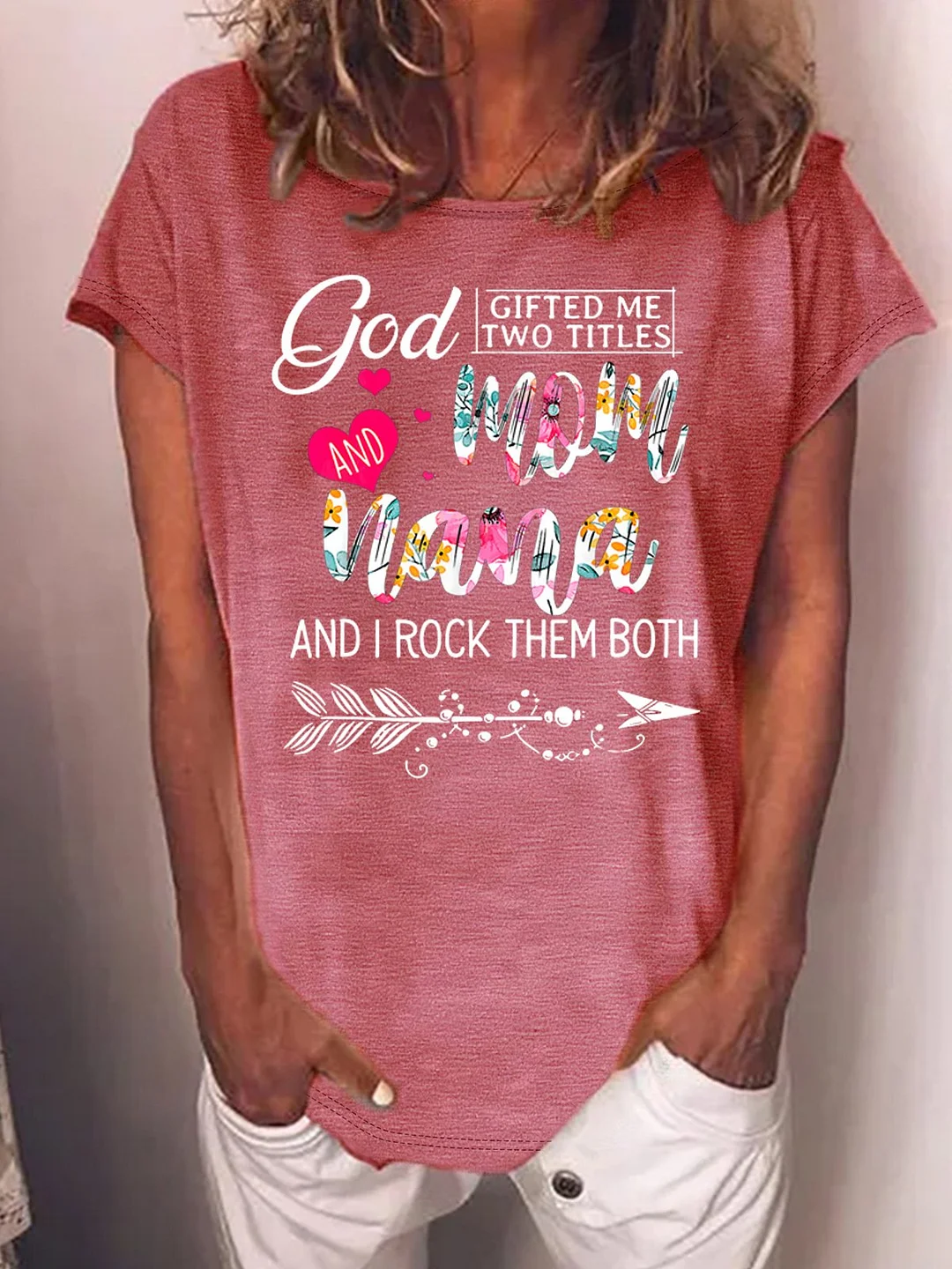 Women's God Gifted Me Two Titles Mom Nana And I Rock Them Both Text Letters Casual Cotton T-Shirt