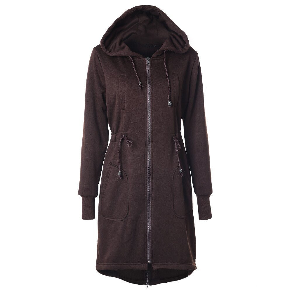 Autumn Women Parkas Winter Fashion Hooded Long Coats Women Clothing Zip-Up Outerwear Waist Drawstring Pockets Casual Overcoat