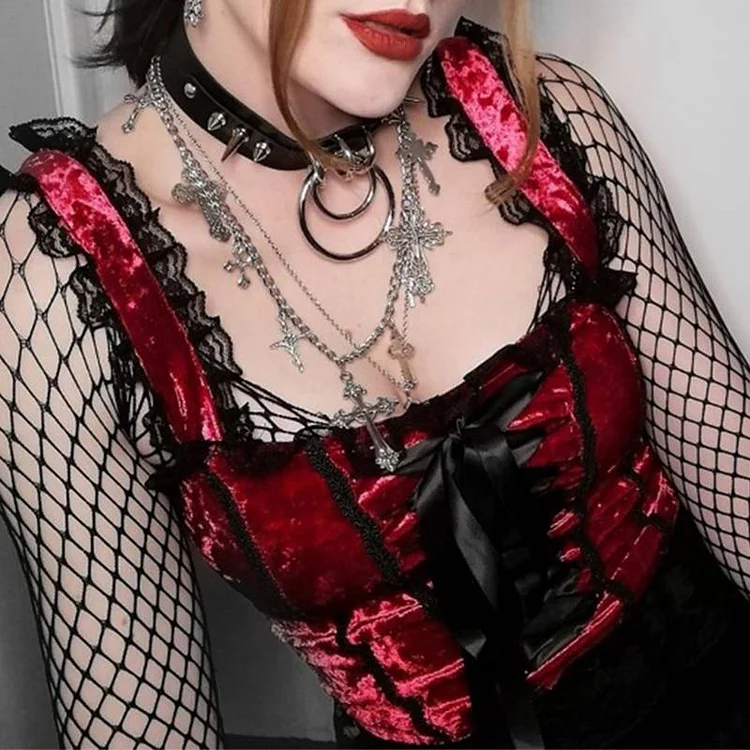 GOTH LACE UP VELVET RED BLOUSE