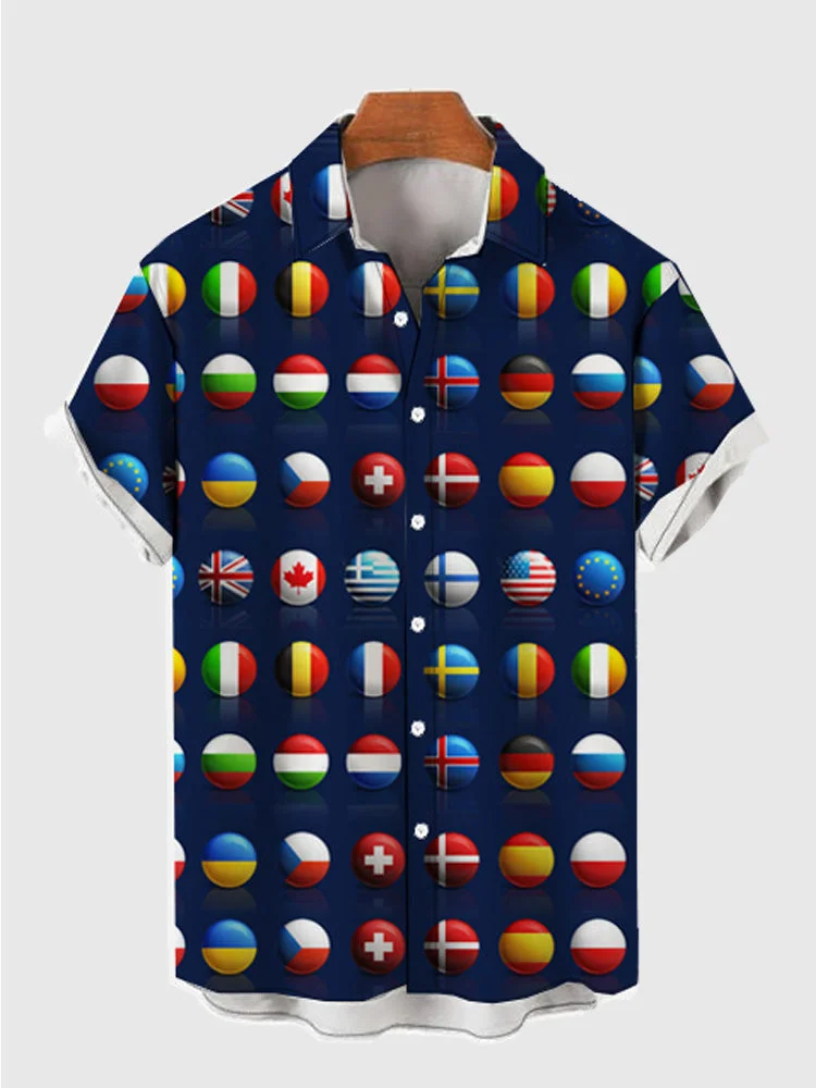 Full-Print Glossy Round Button World Countries Flags Printing Men's Short Sleeve Shirt