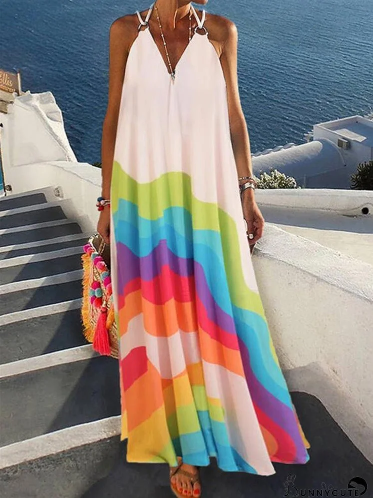 Dresses Suspender V-Neck Multicolor Striped Dress for Women