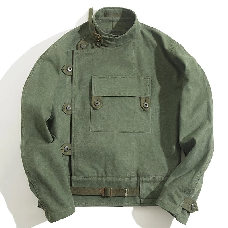Army Green Retro Jacket Misplaced Oblique Buckle Swedish Motorcycle Men's Jacket AMEKAJI Cotton Washed XXXL Jacket