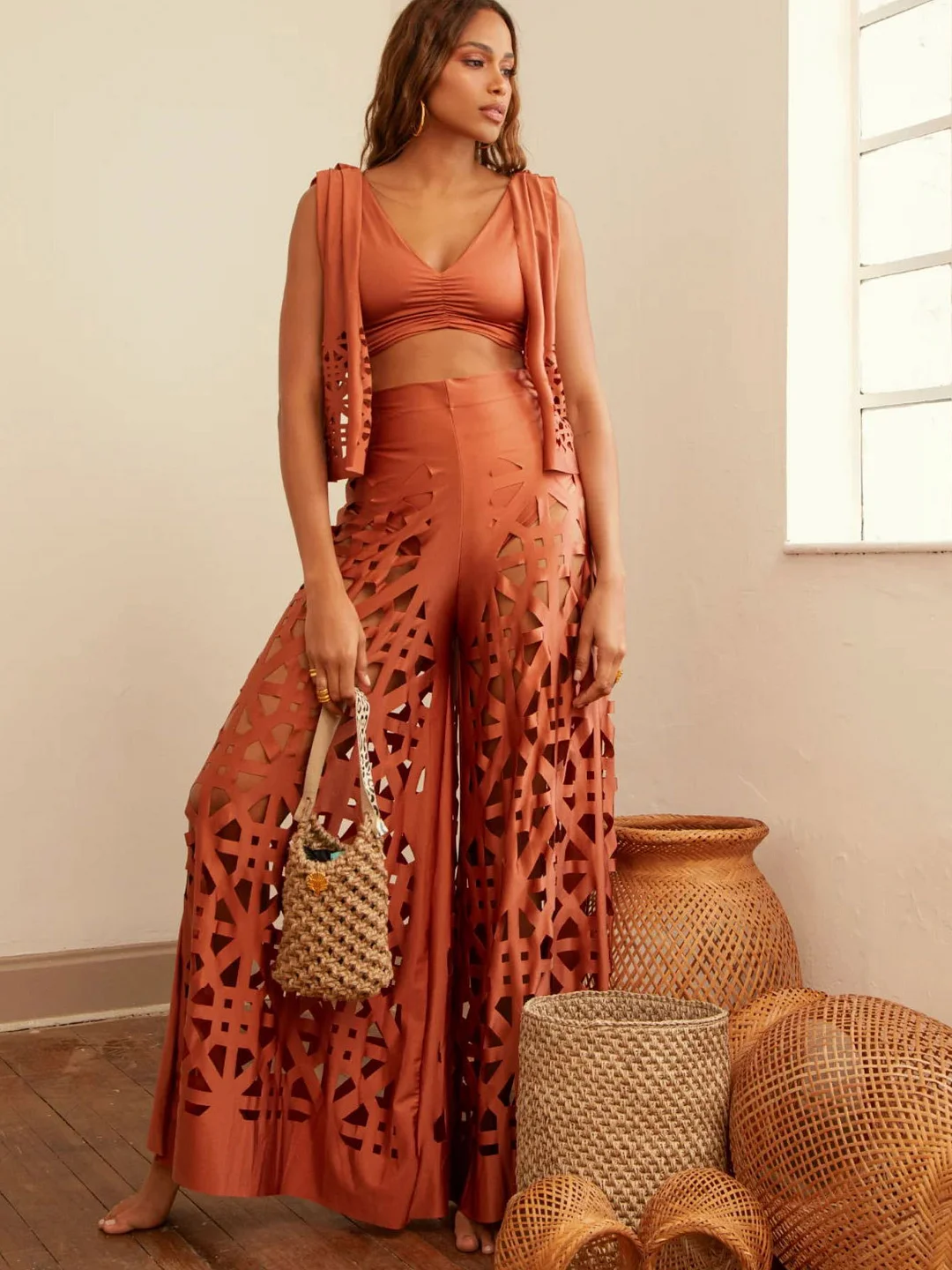 Uveng 2025 New Solid Color Split Beach Pants Set Sexy Net Eye Hollow High Waist Vacation Seaside