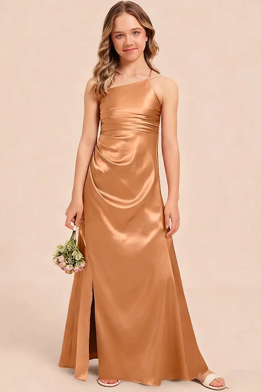 Daisda Sleeveless Spaghetti Straps Mermaid Slit Long Junior Bridesmaid Dress