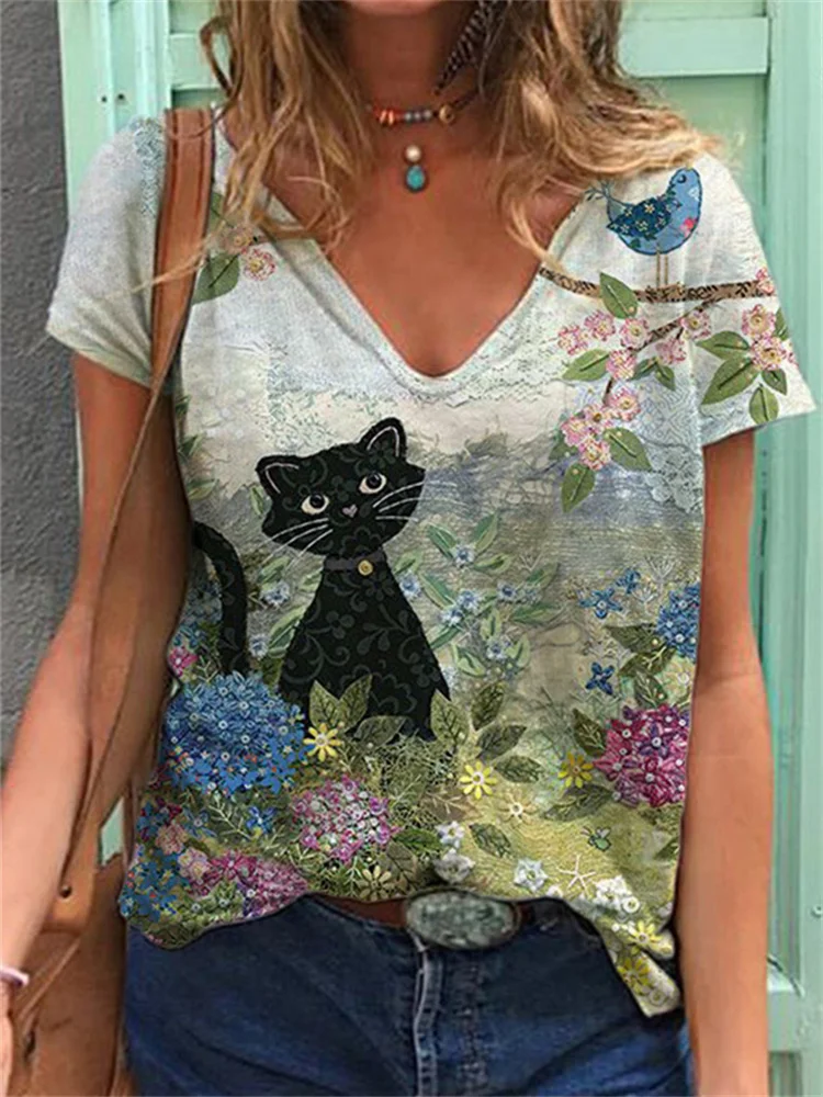 Personalized Flower Cat Print Casual T Shirt
