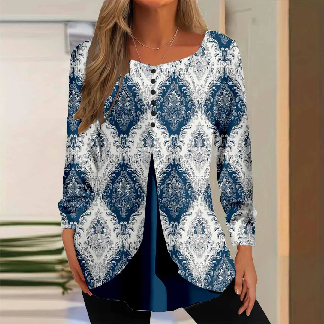 Women Graphic,Blue DZGG8297 Long Sleeve Scoop Neck Printed Graphic Button Fake 2in1 Tops