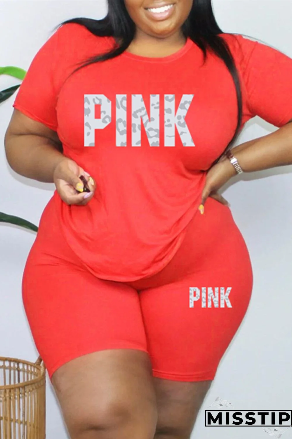 Black Fashion Casual Letter Print Basic O Neck Plus Size Two Pieces