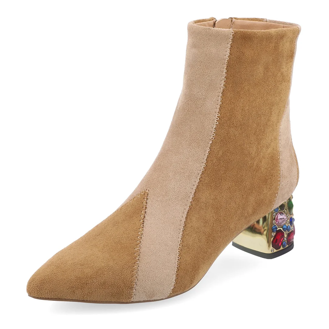 Two Tone Faux Suede Rhinestone Embellished Ankle Boots in Beige