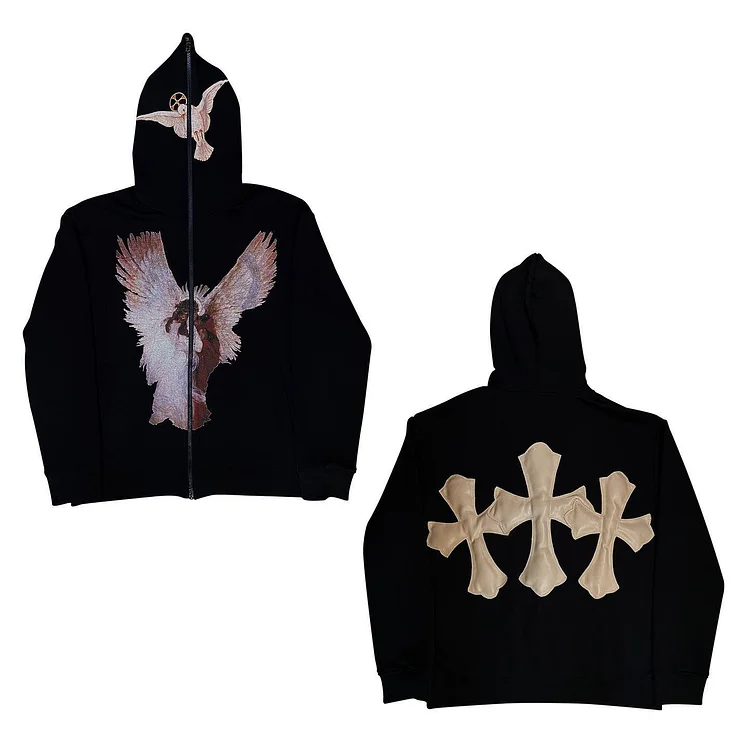 Hip Hop Gothic Street Angel Cross Print Sweatshirt Jacket Full Zip Up Hoodie