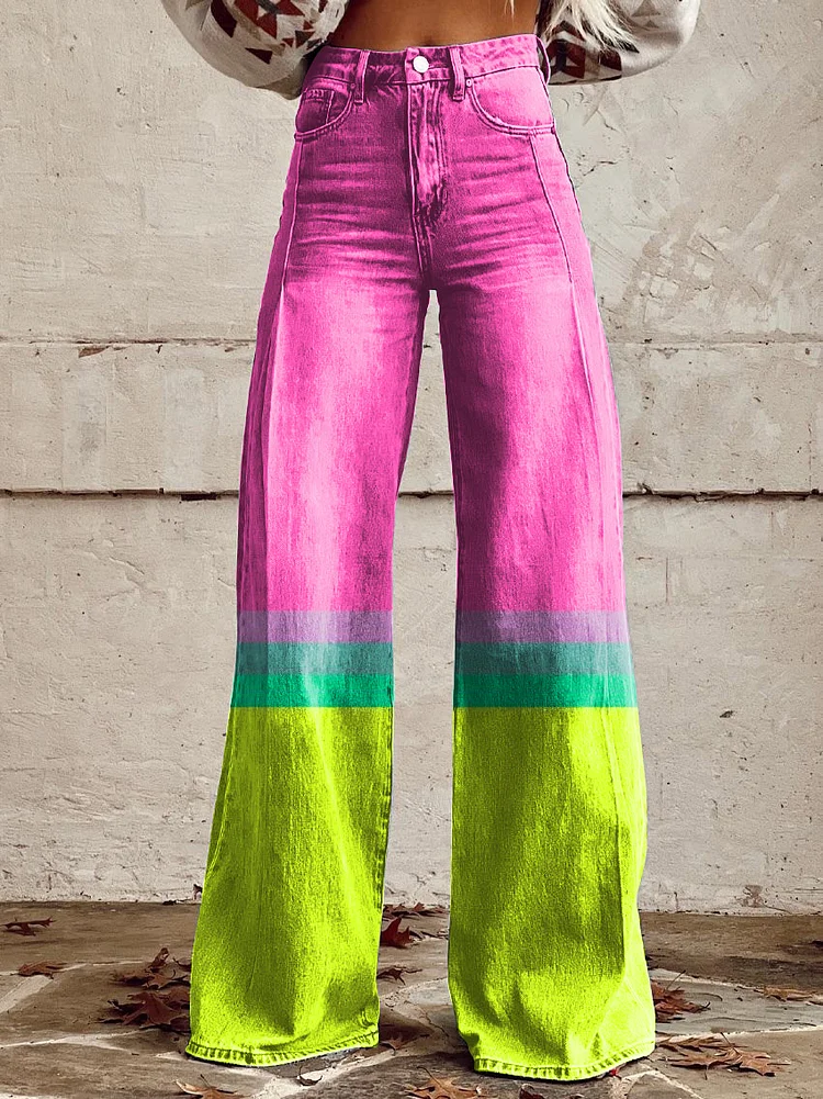 Women's Retro Abstract Art Print Colorblock Wide Leg Pants