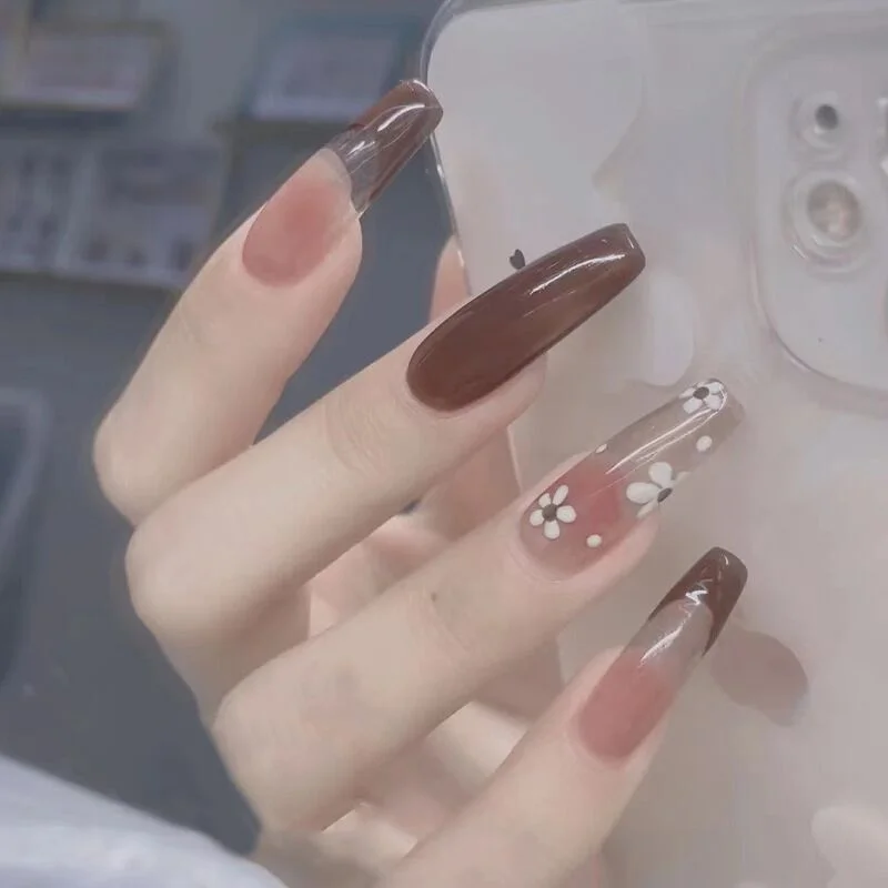 24pcs/Set False Nails Extra Long Blue Gradient Rhinestone Coffin Fake Nails Detachable Beauty Flower Ballerina Nail Art Tips-Nail Inspo