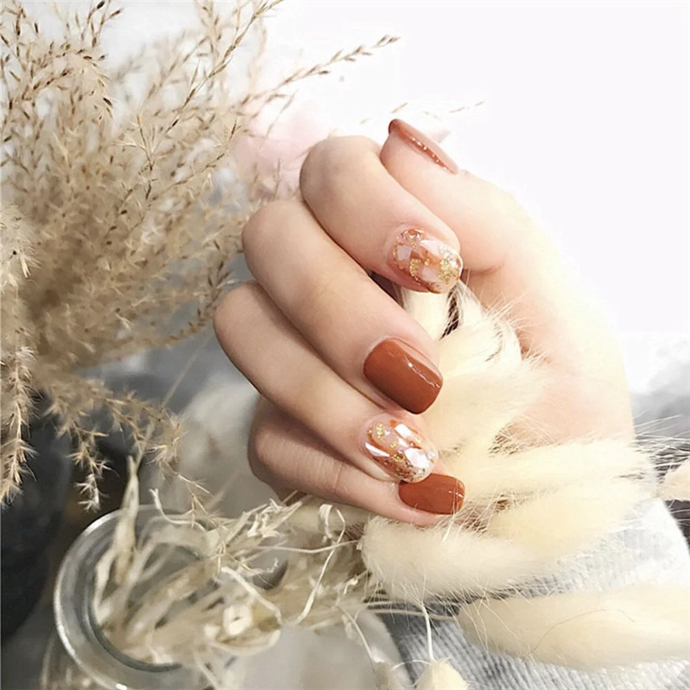 24 PCS/Box Blue Blooming Wearable False Nails With Sequins Full Cover Nail Tips Short Length Fake Nails Press on Nails Art Tool-Nail Inspo