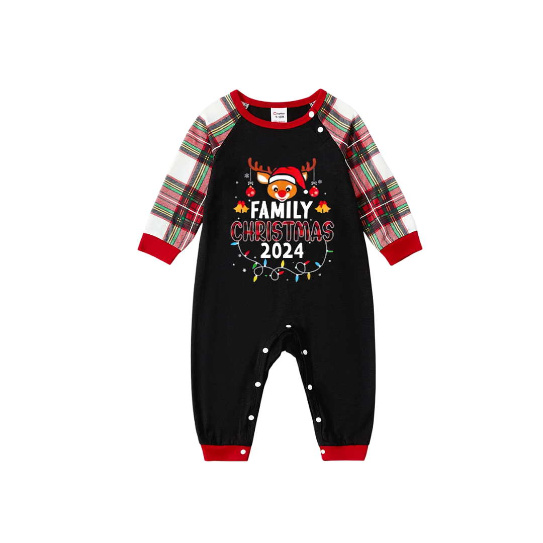 "Family Christmas 2024" with Elk Pattern- Black Top with Red & White & Green Plaid Pants Family Matching Pajamas