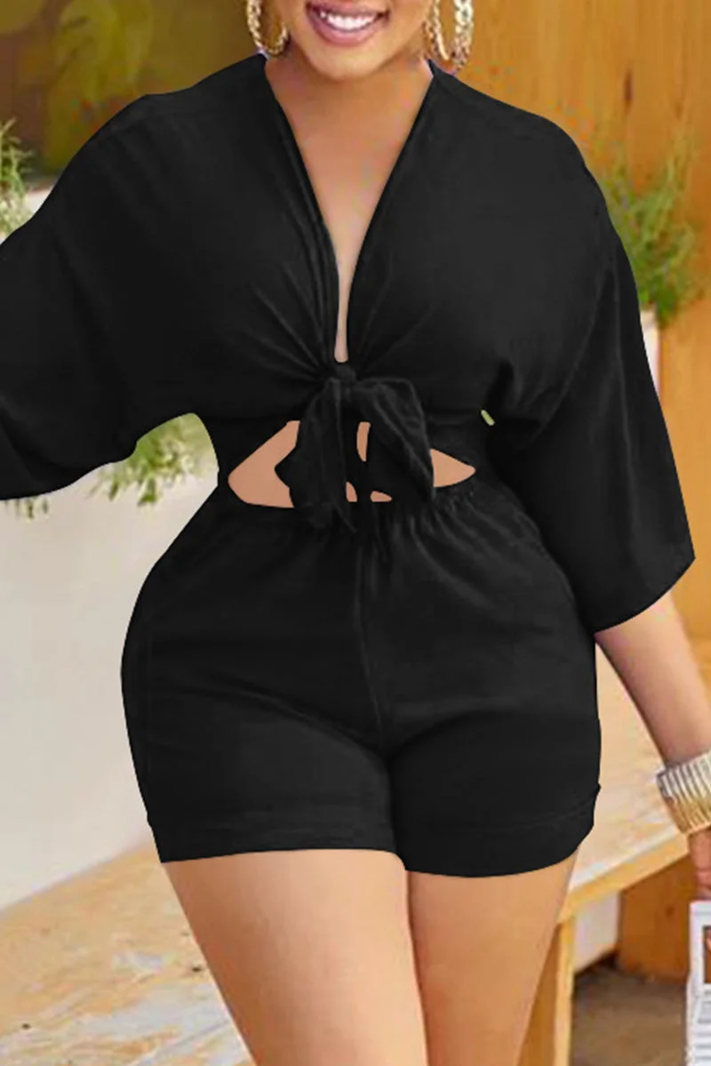 Fashion Casual Solid Bandage Hollowed Out Patchwork V Neck Regular Romper