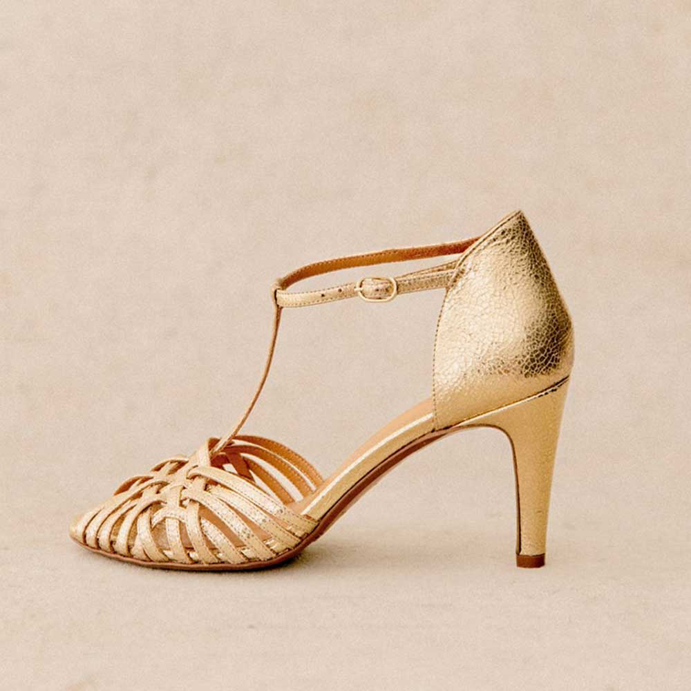 Fashion Gold Metallic Peep Toe T-Strap Womens Sandals with Cone Heel Nicepairs