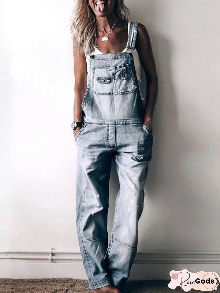 Patchwork Washed Denim Jumpsuits