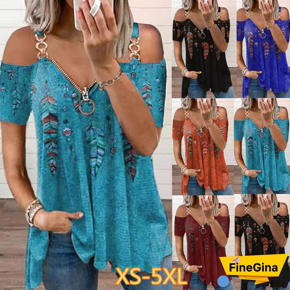 Summer New Fashion Women's Feather Printed Metal Strap Zipper V-neck Casual Strapless Short Sleeve Top Loose Plus Size Soft and Comfortable Summer T Shirt Shirt XS-5XL