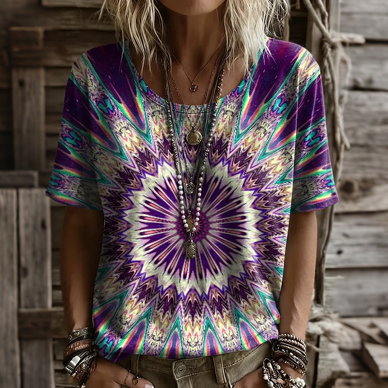 Comstylish Women's Retro Tie Dye Geometric Art Print Crew Neck Short Sleeve Casual T-shirt