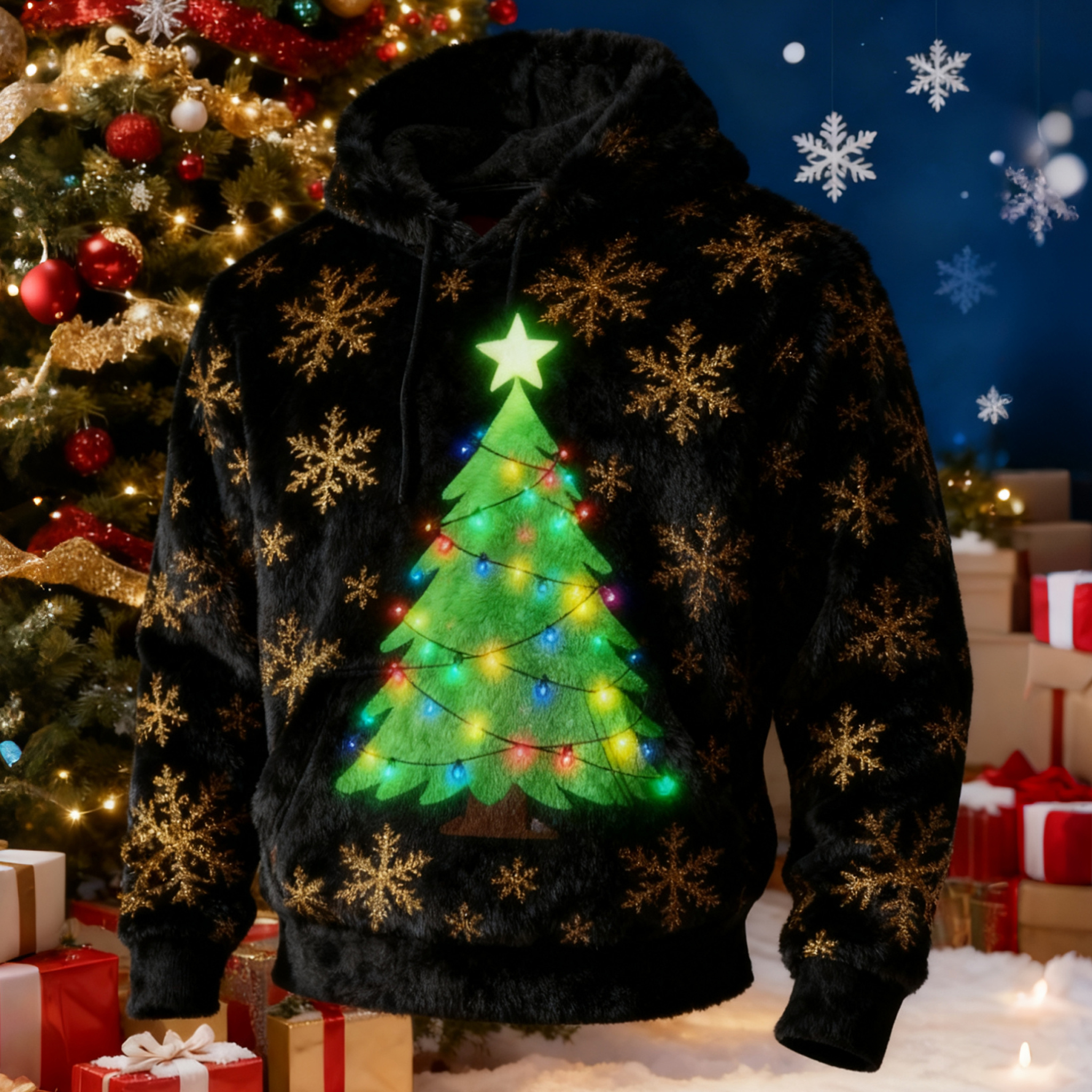 Christmas Snowflake And Christmas Tree  Men's Hooded Flannel Sweatshirt elevenforest