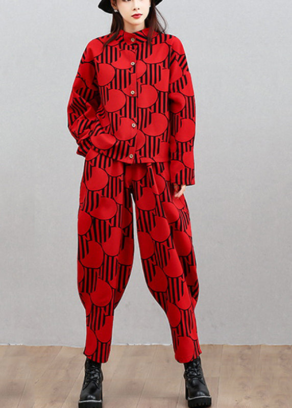 VCSHOES Red Stand Collar Shirts And Beam Pants Two Pieces Set Long Sleeve