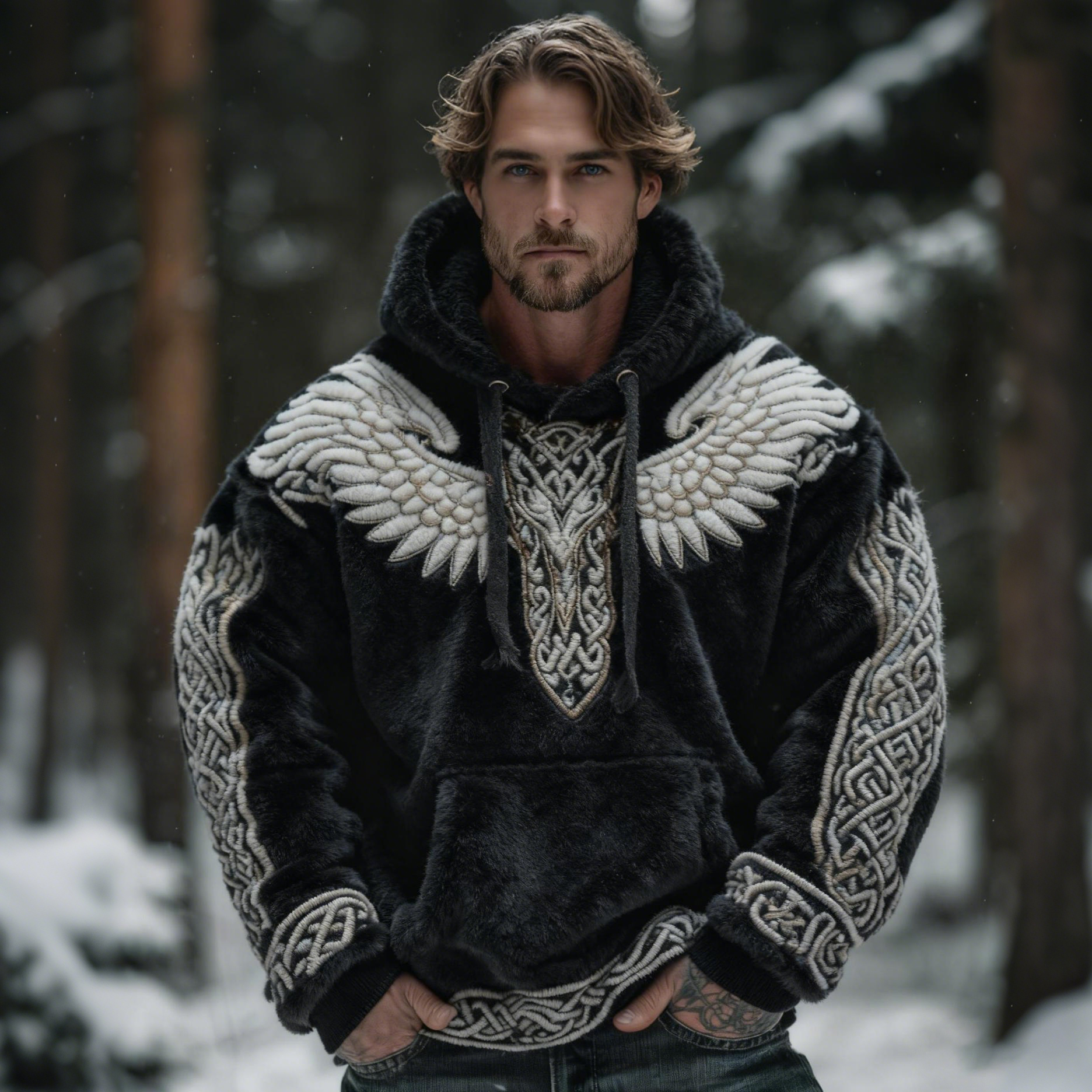 Men's Viking Celtic Wings Pattern Cozy Plush Hoodie elevenforest