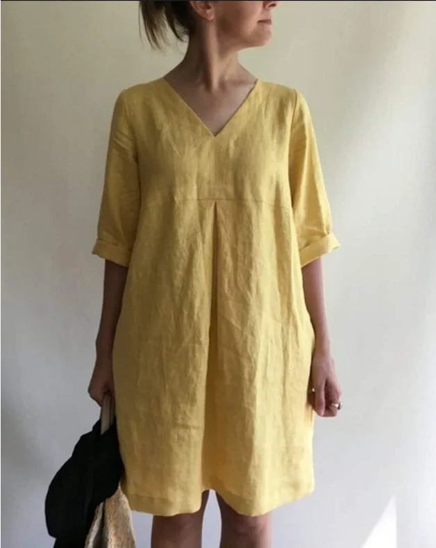 Plus Size V-neck Solid Color Cotton and Linen Loose Dress VangoghDress