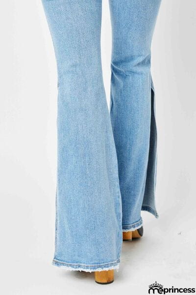 Judy Blue Full Size Mid Rise Raw Hem Slit Flare Jeans