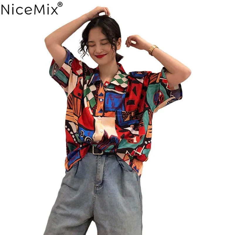NiceMix fashion Harajuku Women's Clothing summer style Blouses oversize print Graffiti woman shirts vintage bf tops Hipster