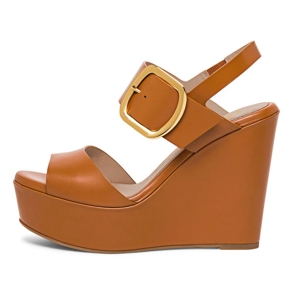Fashion Round Toe Wedge Heel Platform Women's Sandals in Brown