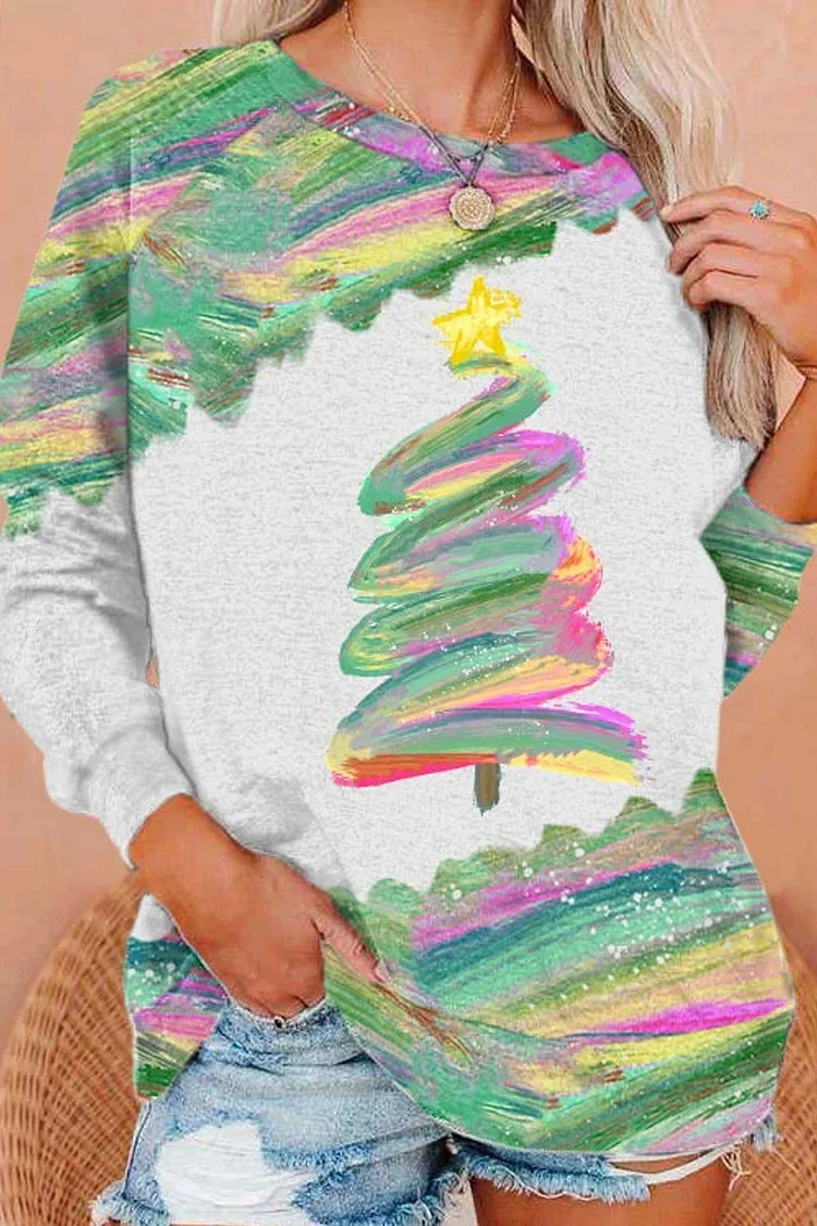 Oil Painting Christmas Tree Print Loose Fit Sweatshirt