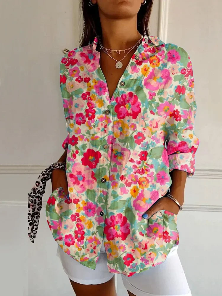 Retro Bright Floral Art Print Casual Long Sleeve Shirt